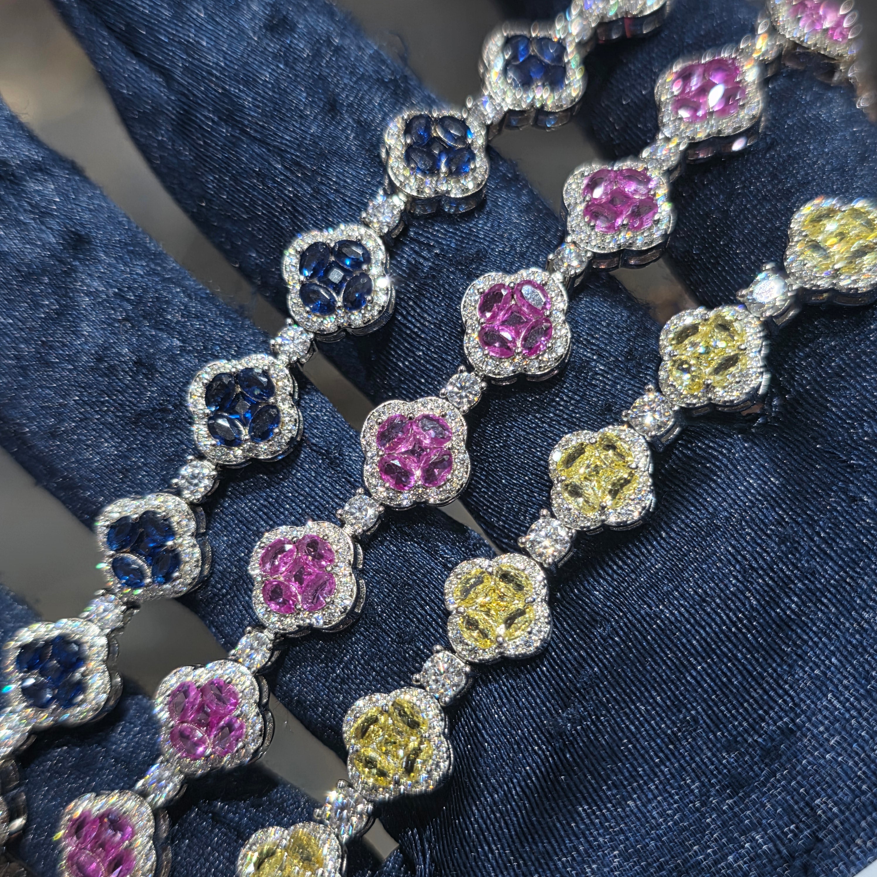 Moissanite Clover Halo Tennis Bracelet – 925 Sterling Silver | Yellow, Pink & Blue | 7 Inch