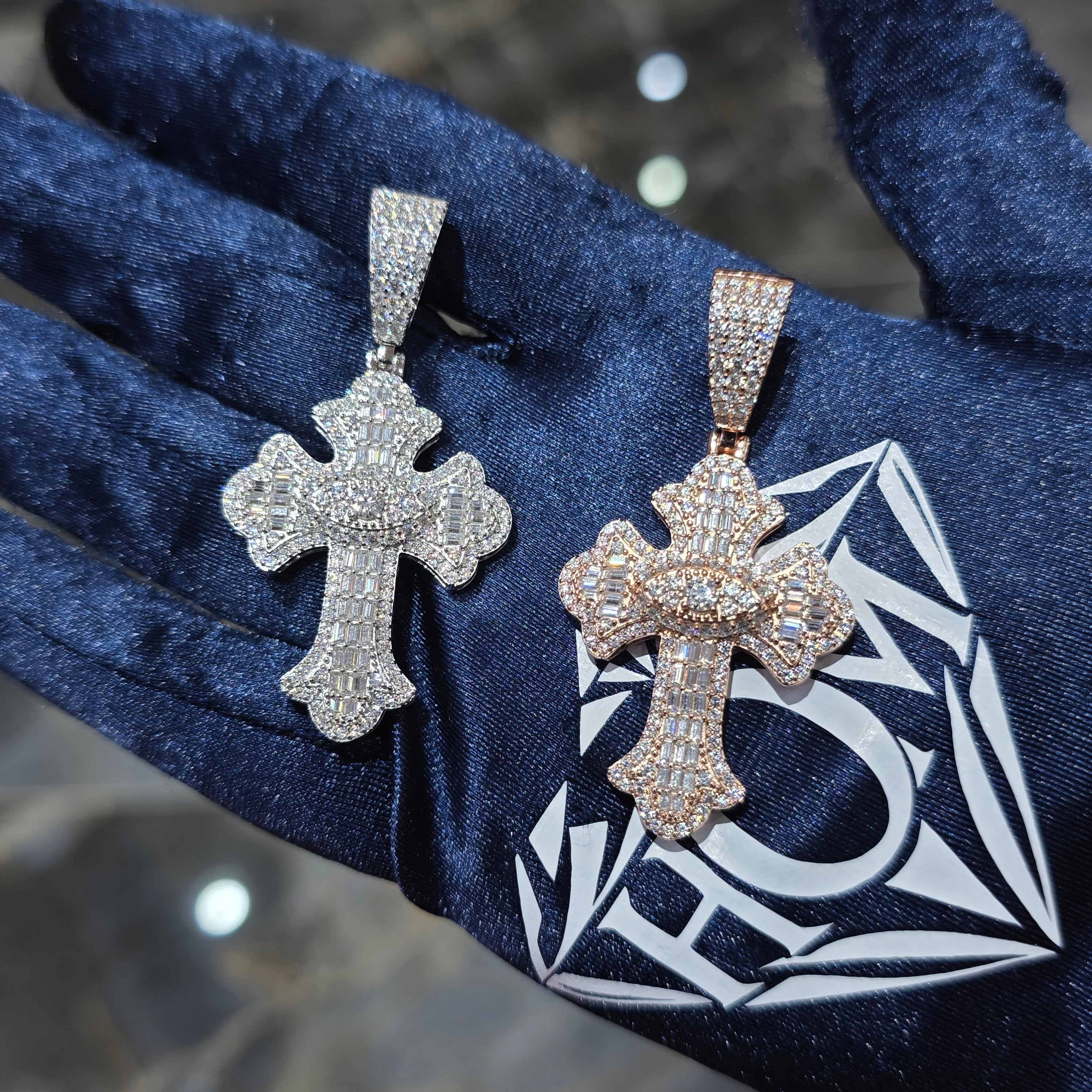 Moissanite Baguette Cross Pendant – 925 Sterling Silver | 2.69 CTW | Silver, Gold & Rose Gold