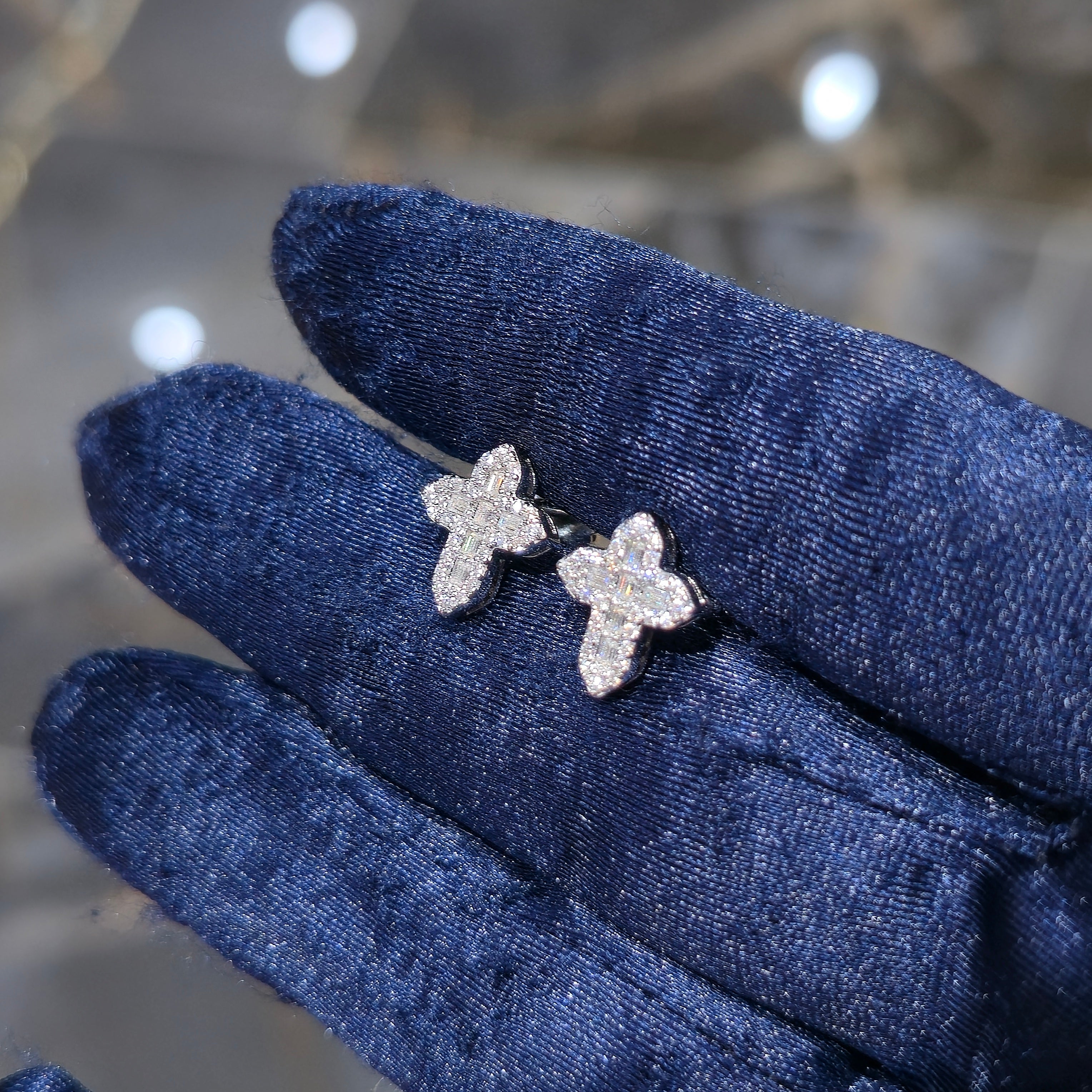 Sterling Silver Baguette & Round Cut Moissanite Cross Stud Earrings