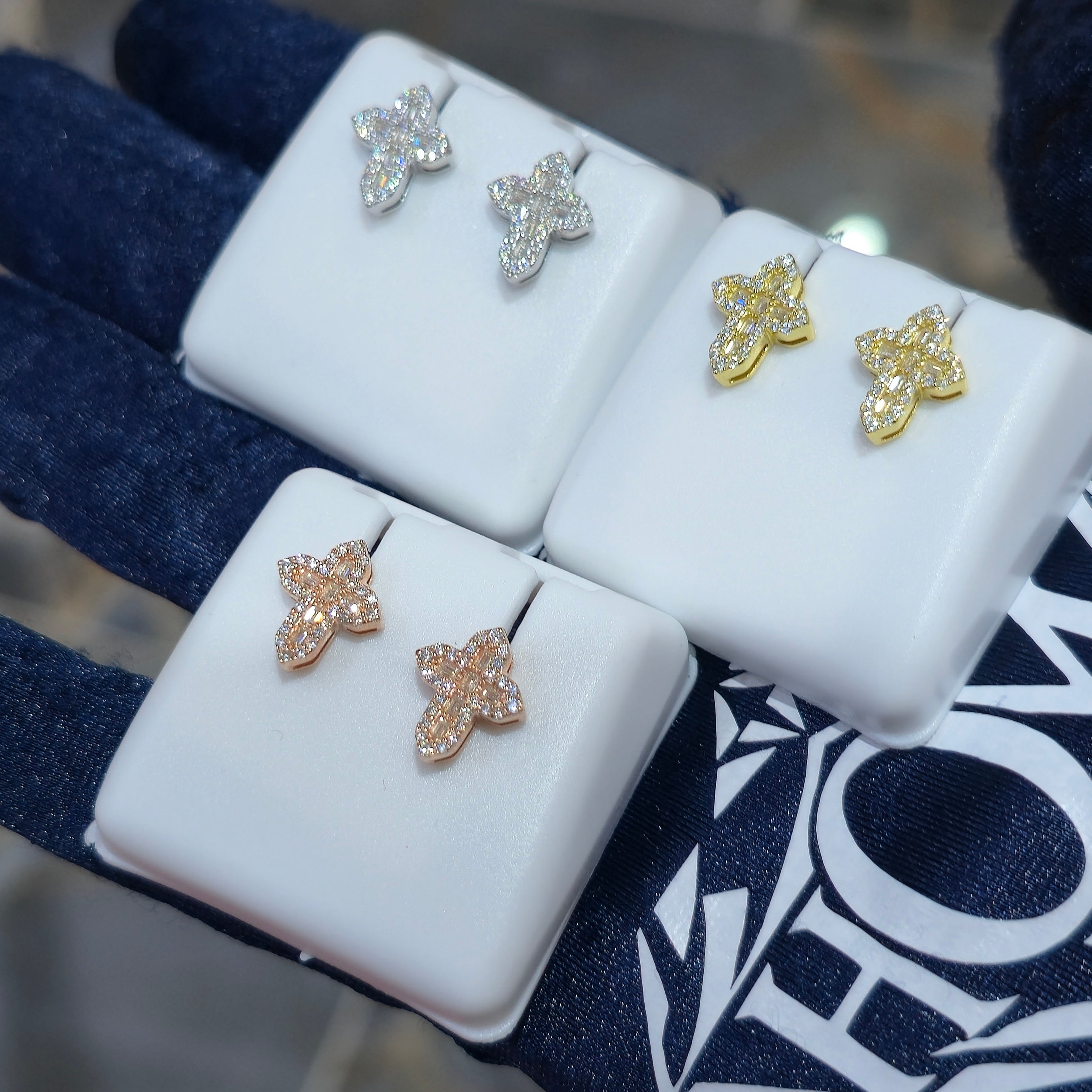 Sterling Silver Baguette & Round Cut Moissanite Cross Stud Earrings