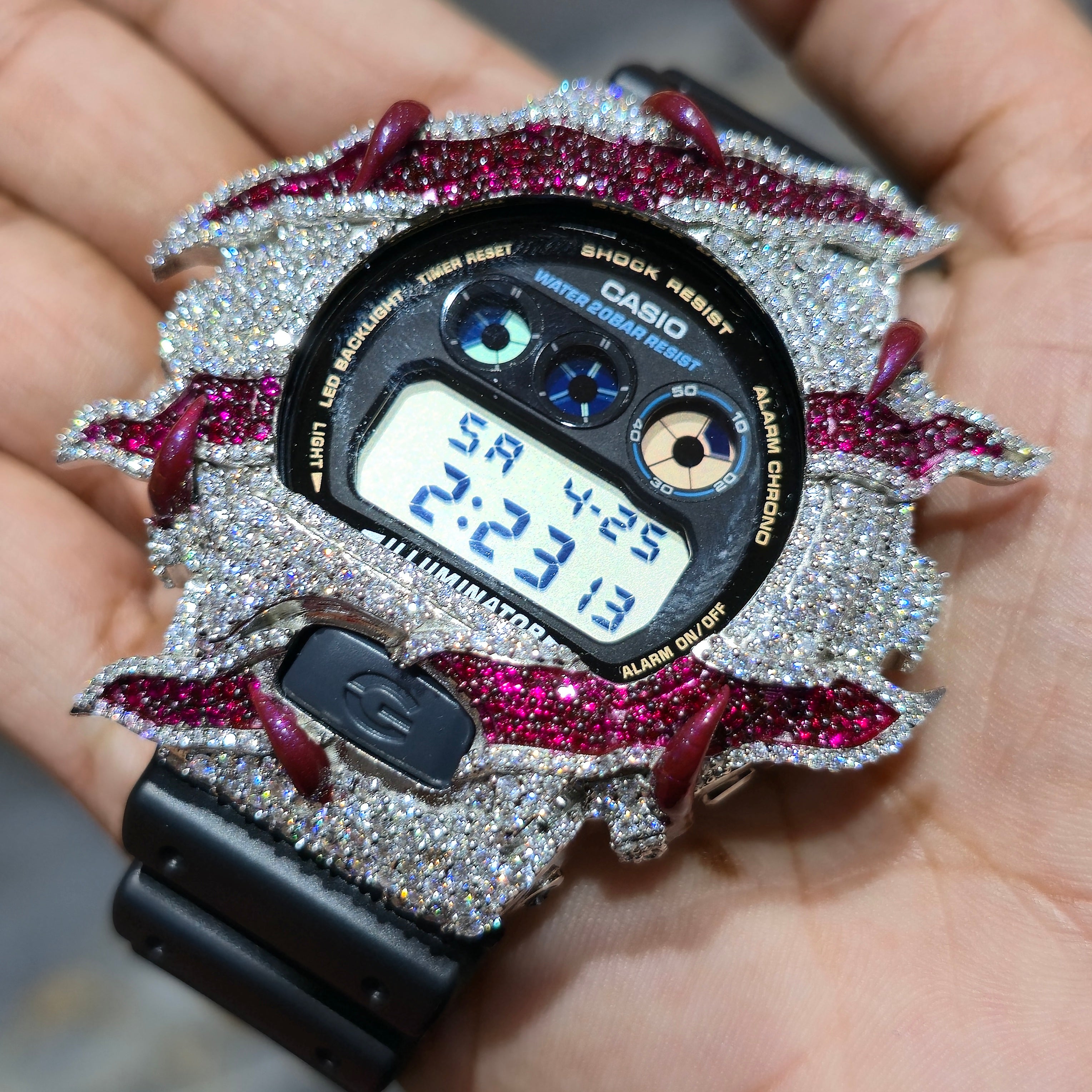 Authentic G-Shock Watch – Custom Dark Pink & White Stone Timepiece