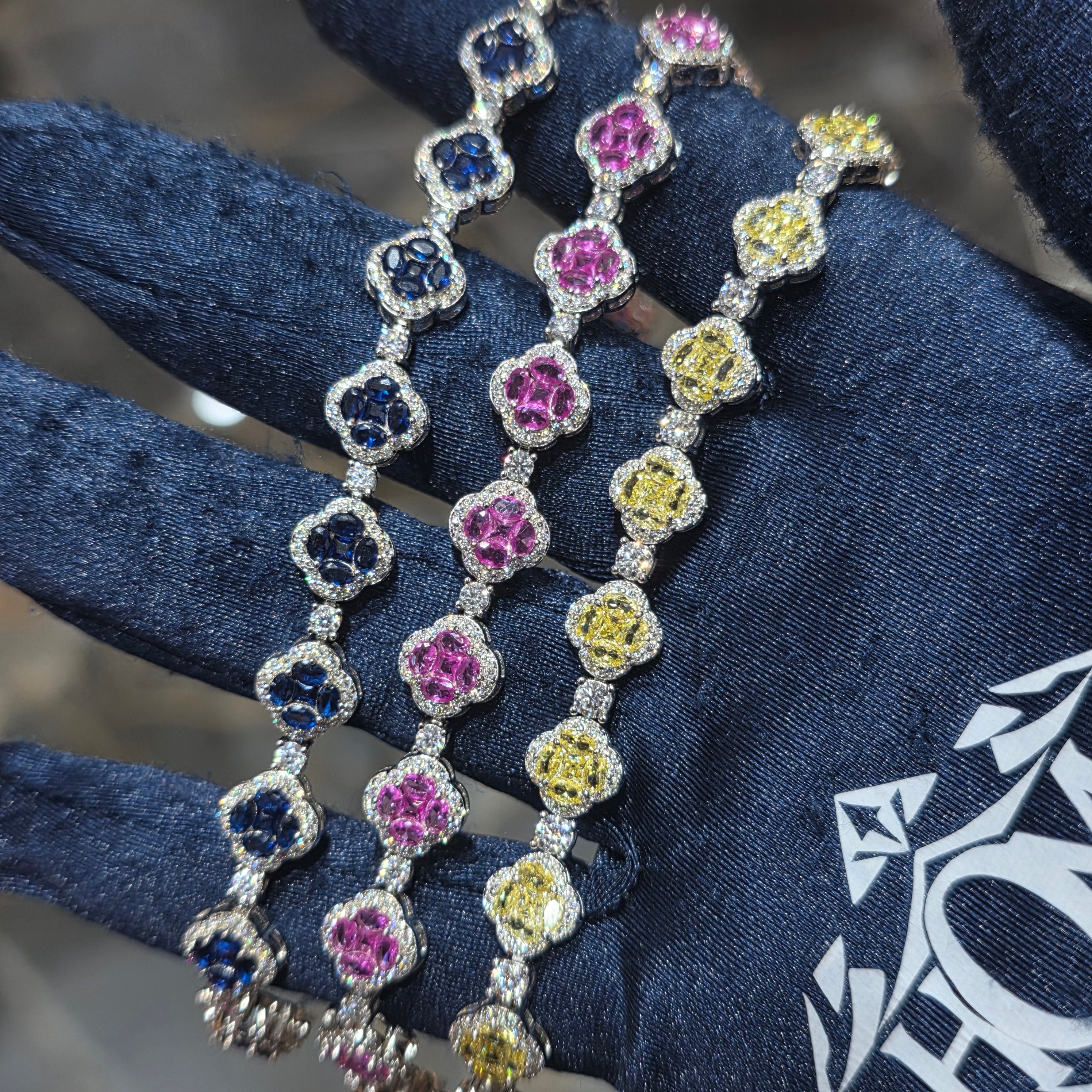 Moissanite Clover Halo Tennis Bracelet – 925 Sterling Silver | Yellow, Pink & Blue | 7 Inch