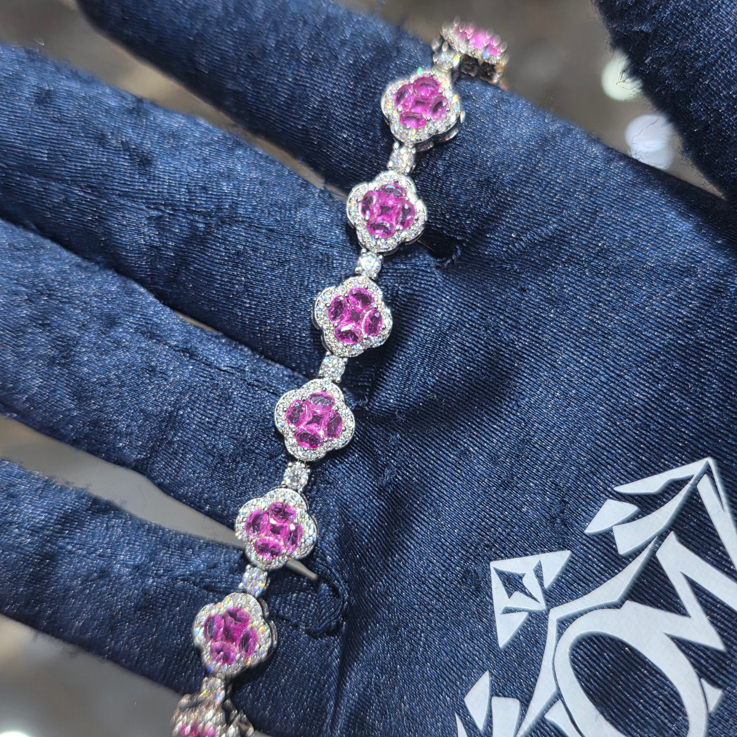 Moissanite Clover Halo Tennis Bracelet – 925 Sterling Silver | Yellow, Pink & Blue | 7 Inch