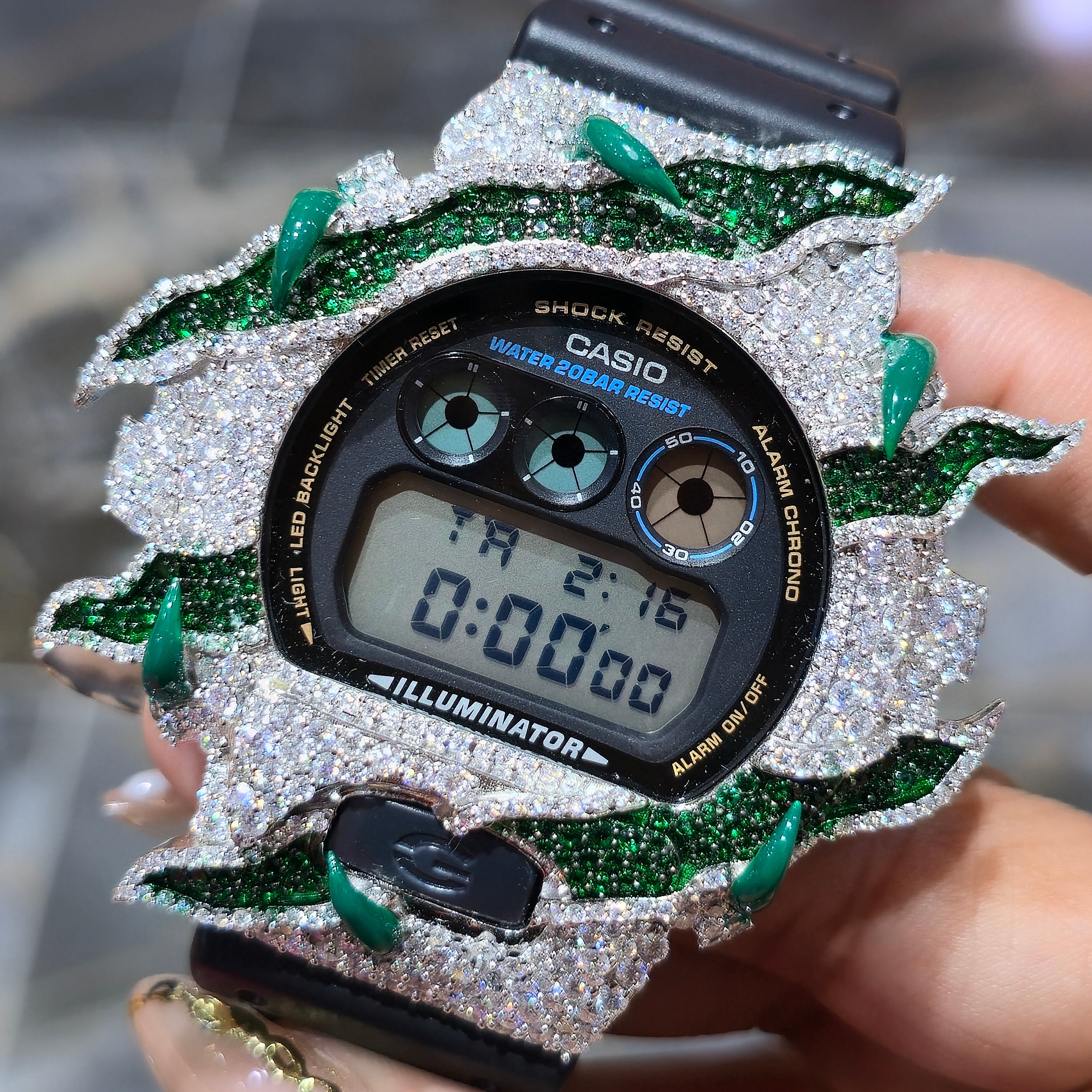 Authentic G-Shock Custom Watch – VVS Moissanite Iced Bezel (Green & White custom Design)