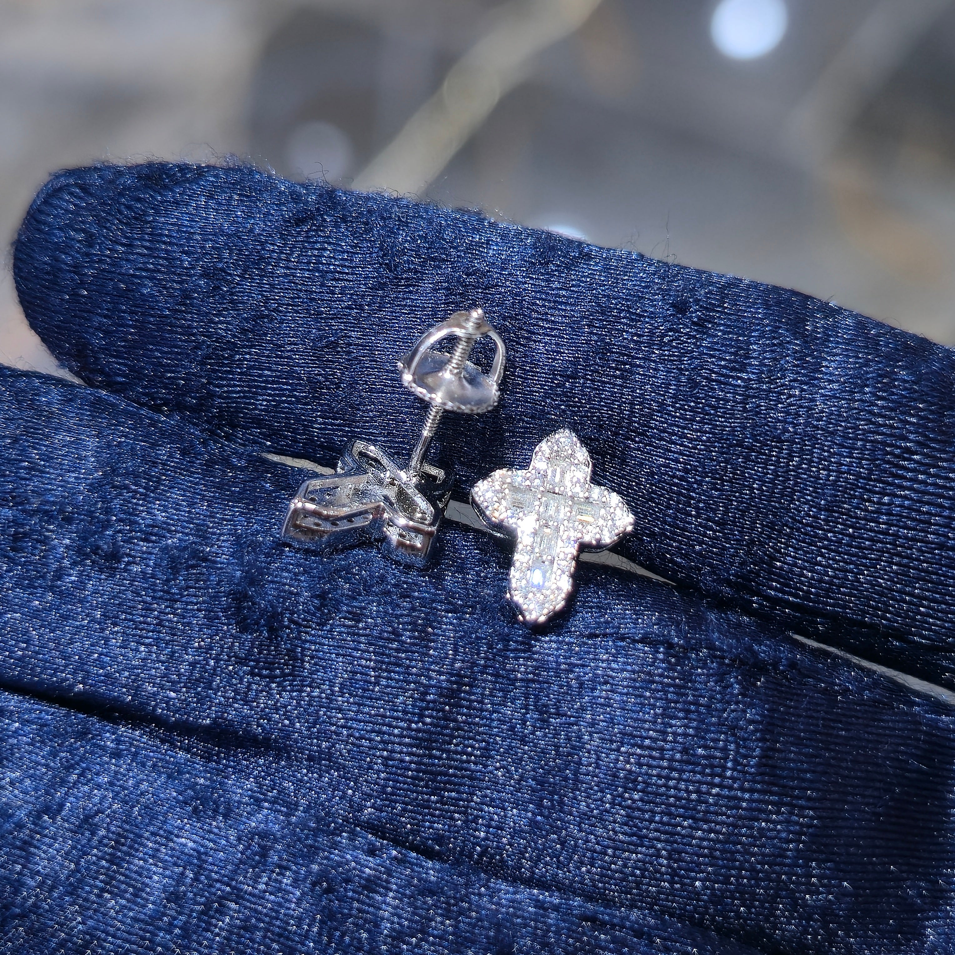 Sterling Silver Baguette & Round Cut Moissanite Cross Stud Earrings