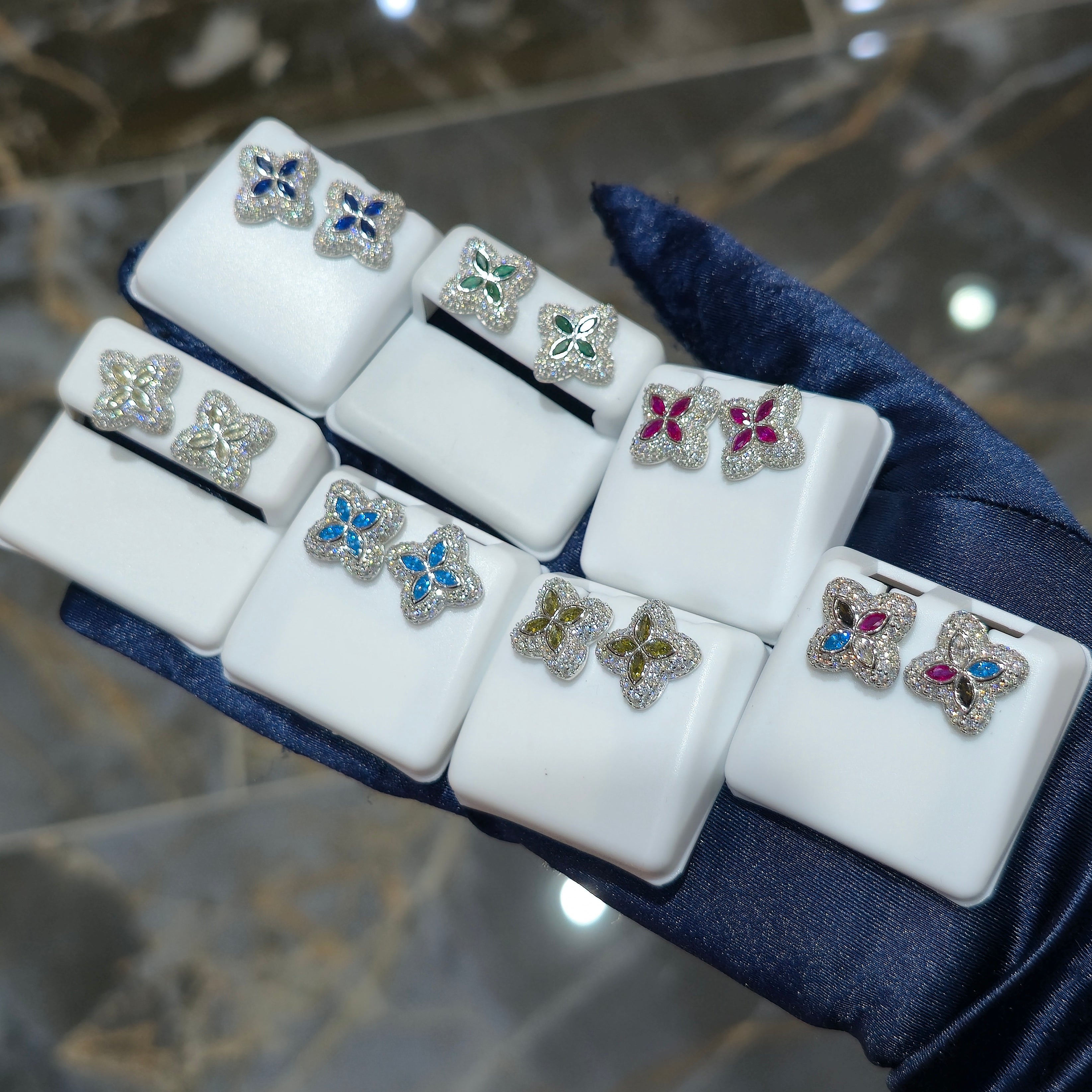 Sterling Silver Moissanite Four Leaf Marquise Cut Stud Earrings