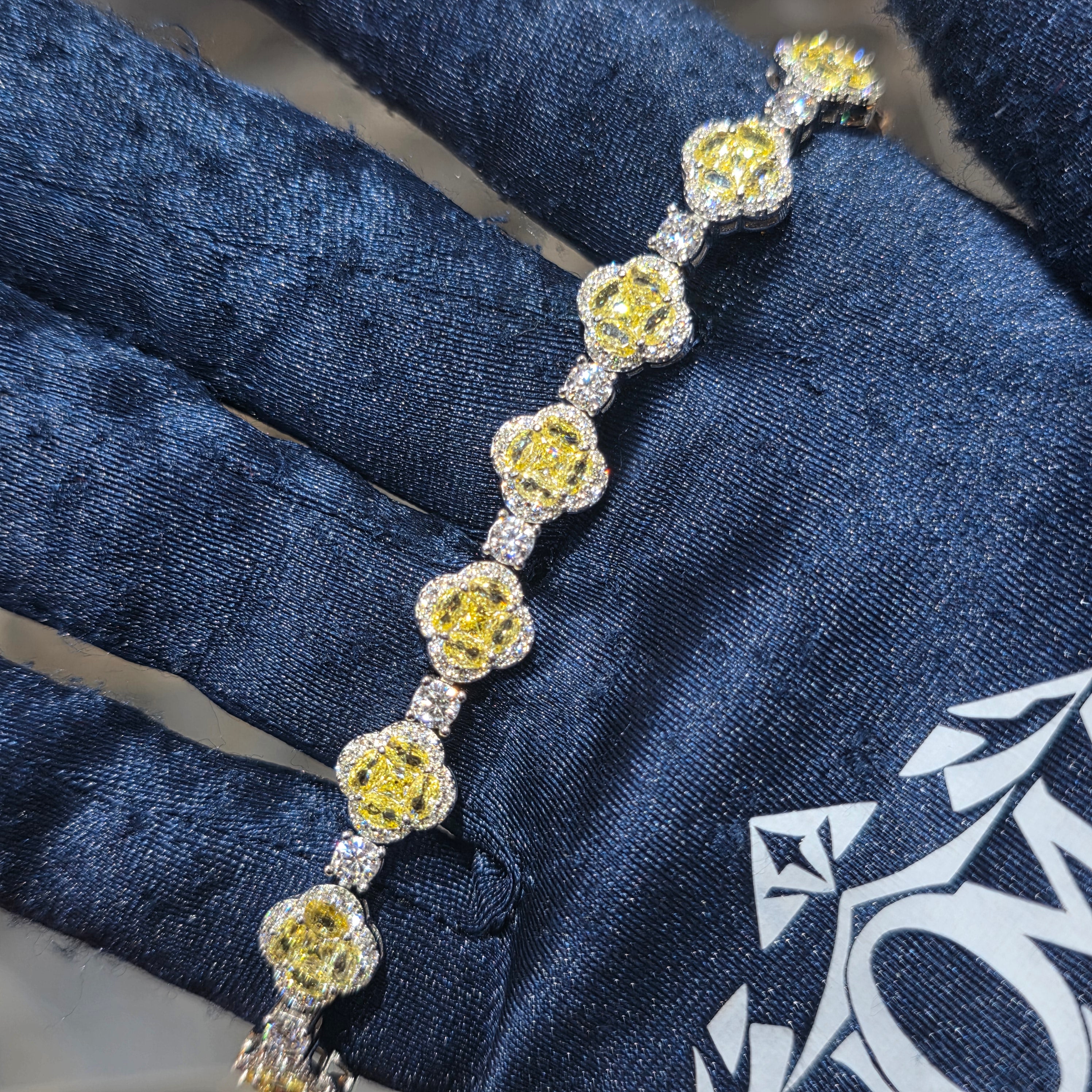 Moissanite Clover Halo Tennis Bracelet – 925 Sterling Silver | Yellow, Pink & Blue | 7 Inch
