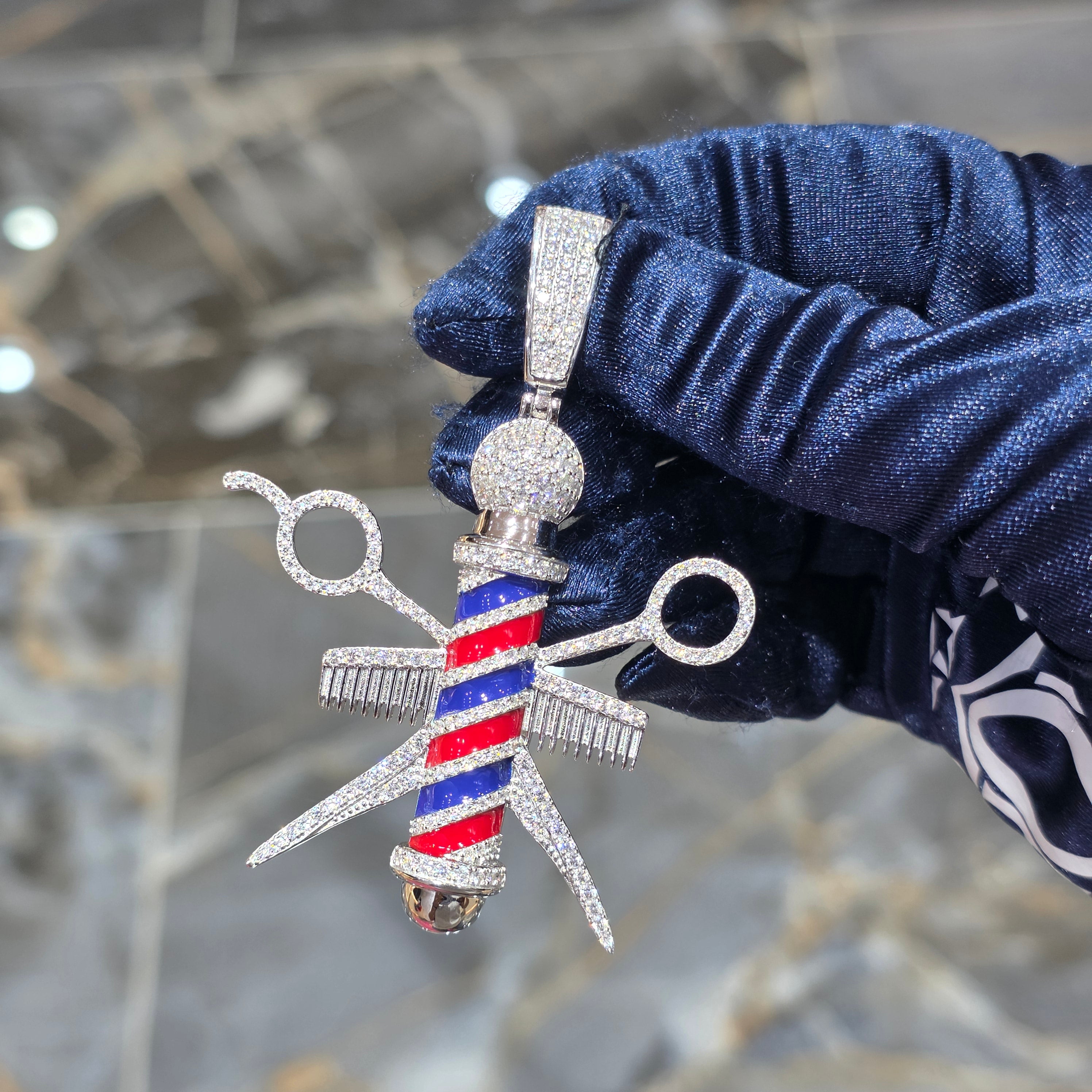 Moissanite Barber Shop Pole,Scissor & Comb Pendant – 925 Sterling Silver | 3.30 CTW | Silver, Gold & Rose Gold