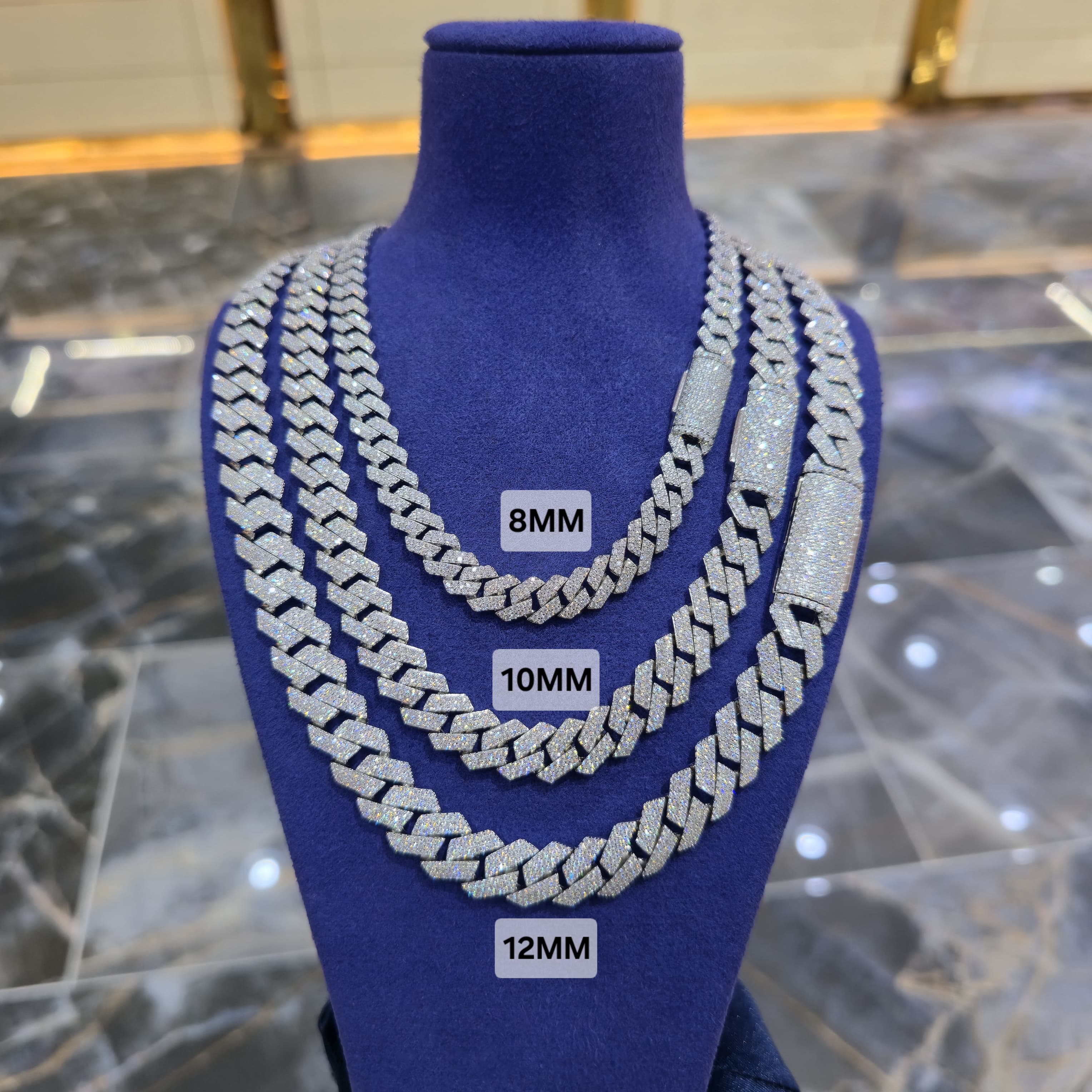 Moissanite Cuban Prong Chain | 8mm, 10mm, 12mm | Silver, Gold & Rose Gold